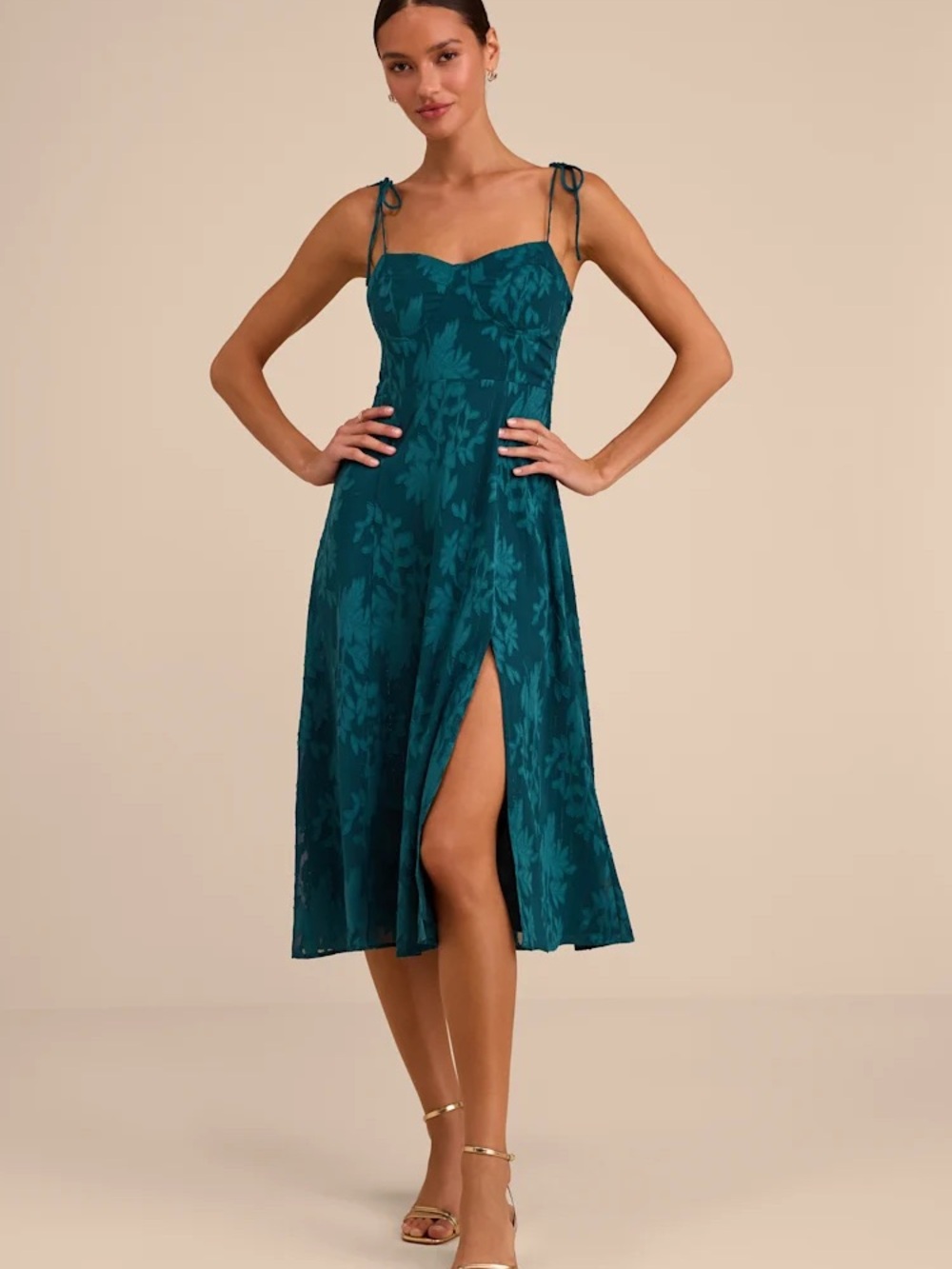 Lulu's Teal Jacquard Tie-Shoulder Midi Dress